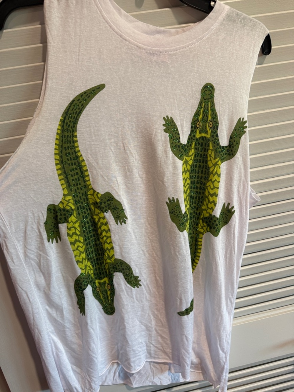Sleeveless White Tank with Green alligators. Sparkle City.